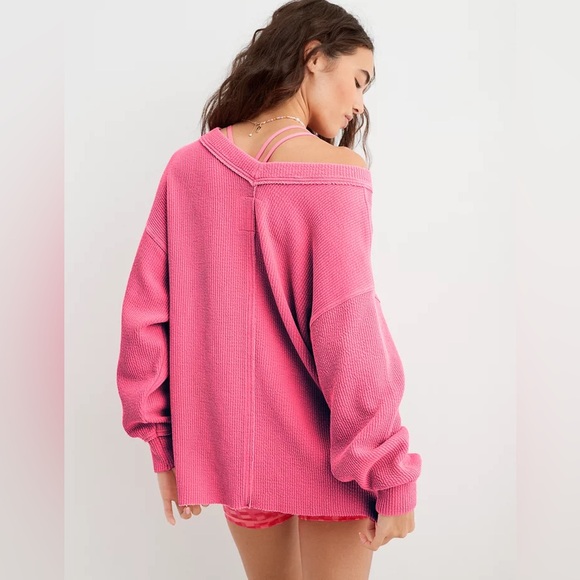 Aerie Women's Large Wonder Textured V-neck Sweatshirt Neon Bright Pink Relaxed - Picture 2 of 16